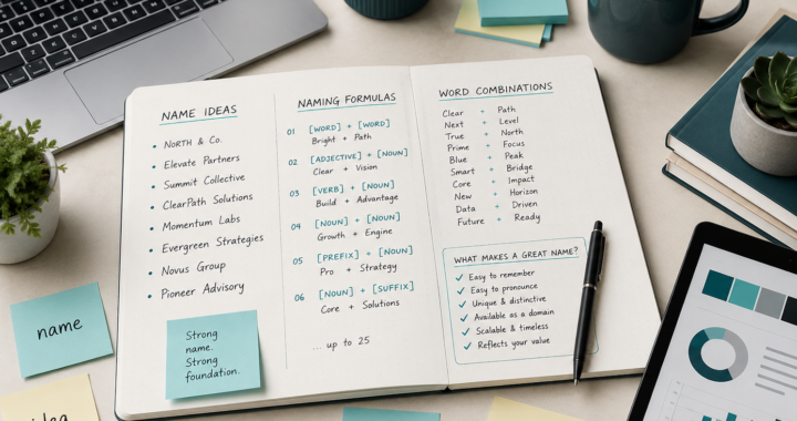 Business naming formulas notebook with name ideas, word combinations, domain notes and branding checklist