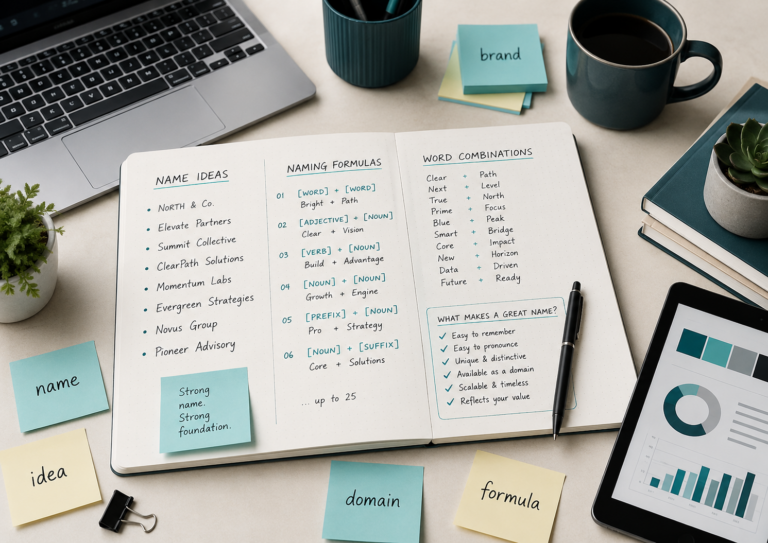 Business naming formulas notebook with name ideas, word combinations, domain notes and branding checklist