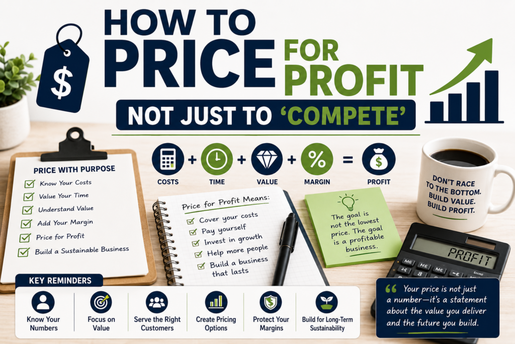 Pricing for profit strategy with costs, time, value, margin, profit, pricing checklist, calculator, and business growth planning.