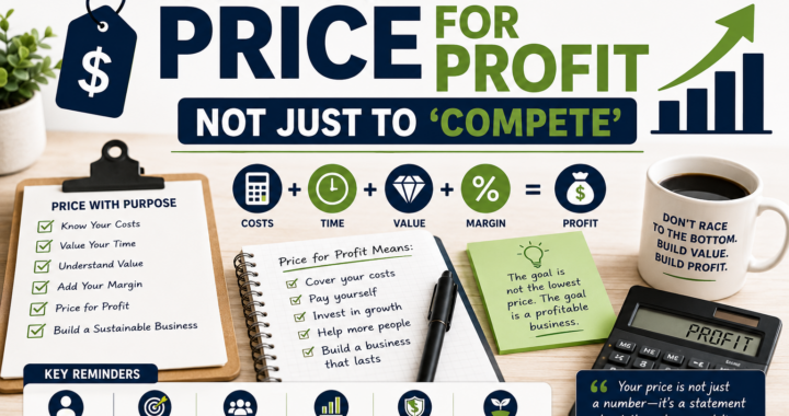 Pricing for profit strategy with costs, time, value, margin, profit, pricing checklist, calculator, and business growth planning.