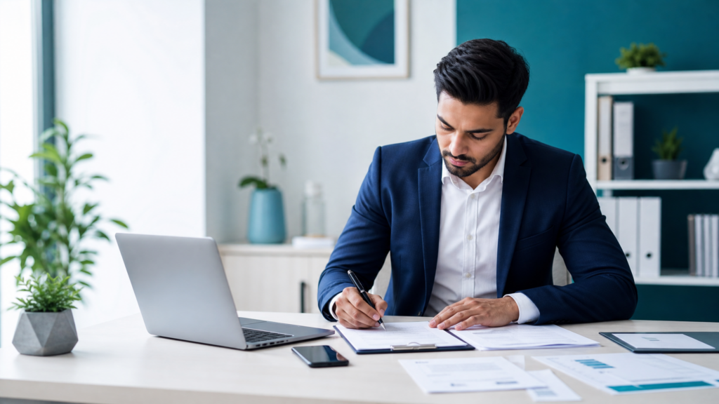 Entrepreneur completing business registration paperwork at a modern office desk with laptop and official documents.