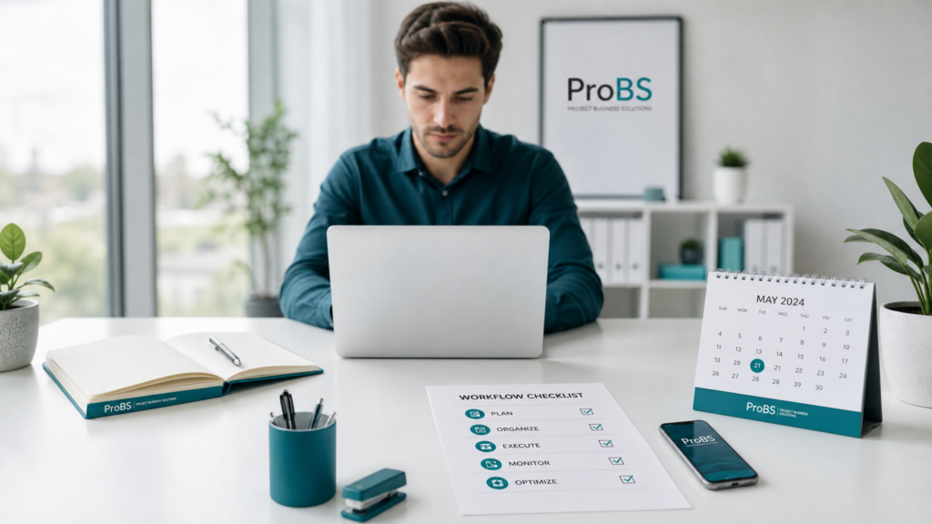 Entrepreneur organizing business workflows, tools, and daily operations at a modern workspace.