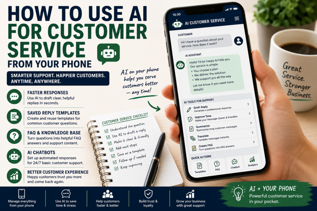 AI customer service from a phone with smartphone support assistant, saved replies, FAQ answers, chatbot tools and customer service checklist