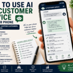 AI customer service from a phone with smartphone support assistant, saved replies, FAQ answers, chatbot tools and customer service checklist
