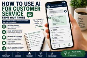 AI customer service from a phone with smartphone support assistant, saved replies, FAQ answers, chatbot tools and customer service checklist
