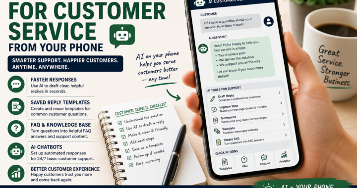 AI customer service from a phone with smartphone support assistant, saved replies, FAQ answers, chatbot tools and customer service checklist