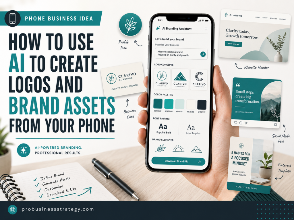 Smartphone showing an AI branding assistant creating logo concepts, color palettes, font pairings and brand assets for a new business.