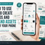 Smartphone showing an AI branding assistant creating logo concepts, color palettes, font pairings and brand assets for a new business.