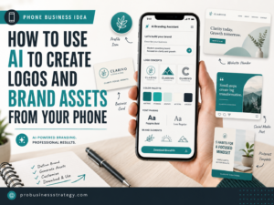 Smartphone showing an AI branding assistant creating logo concepts, color palettes, font pairings and brand assets for a new business.