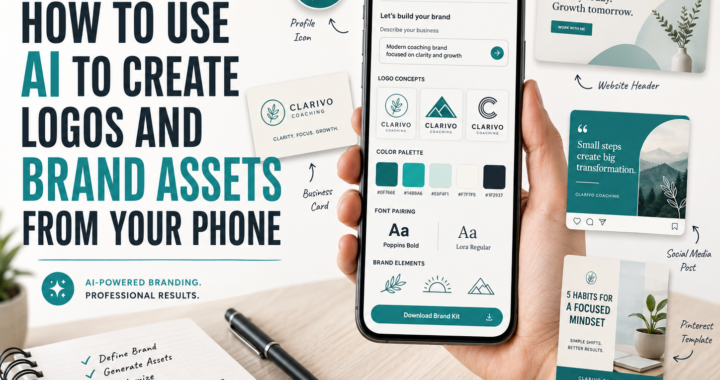 Smartphone showing an AI branding assistant creating logo concepts, color palettes, font pairings and brand assets for a new business.