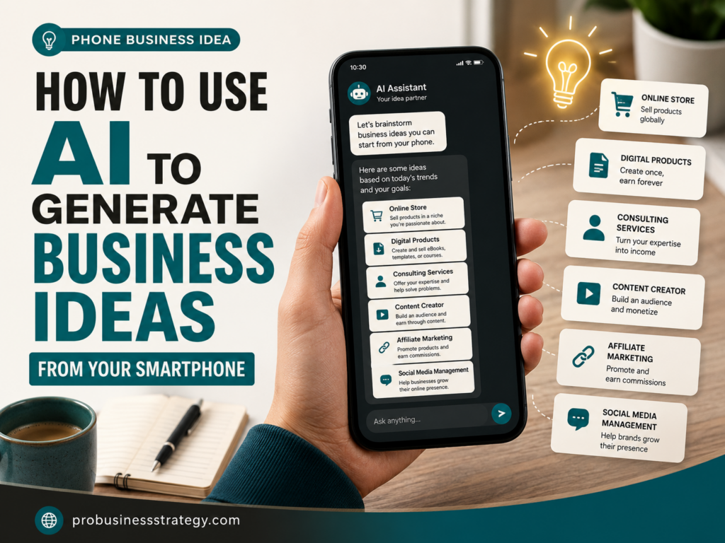 Smartphone showing AI-generated business ideas, with examples like digital products, consulting services, affiliate marketing and content creation.