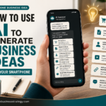 Smartphone showing AI-generated business ideas, with examples like digital products, consulting services, affiliate marketing and content creation.