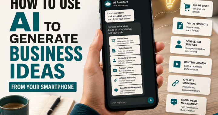 Smartphone showing AI-generated business ideas, with examples like digital products, consulting services, affiliate marketing and content creation.