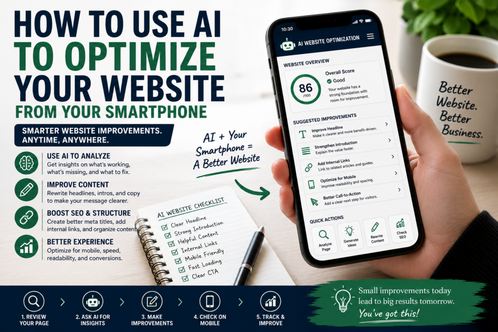 AI website optimization from a smartphone with mobile website checklist, content improvements, SEO structure and call-to-action suggestions