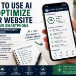 AI website optimization from a smartphone with mobile website checklist, content improvements, SEO structure and call-to-action suggestions