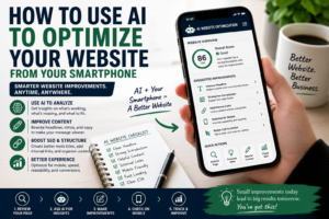 AI website optimization from a smartphone with mobile website checklist, content improvements, SEO structure and call-to-action suggestions