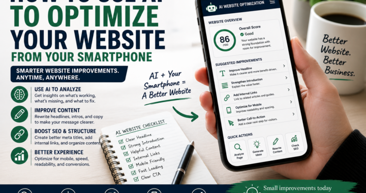 AI website optimization from a smartphone with mobile website checklist, content improvements, SEO structure and call-to-action suggestions