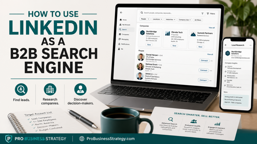LinkedIn used as a B2B search engine to find leads, research companies and discover decision makers