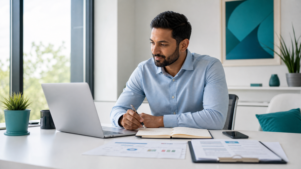 Entrepreneur writing a business plan at a modern office desk with strategic notes and laptop.