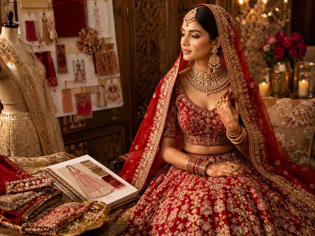 Indian bridal lehenga inspiration with red embroidered wedding dress, gold jewelry, bridal moodboard and luxury cultural wedding styling