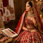 Indian bridal lehenga inspiration with red embroidered wedding dress, gold jewelry, bridal moodboard and luxury cultural wedding styling