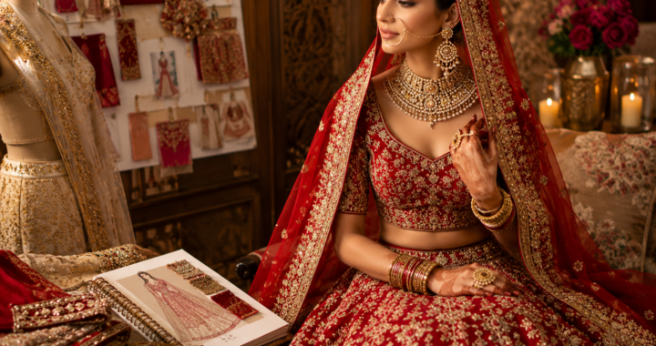 Indian bridal lehenga inspiration with red embroidered wedding dress, gold jewelry, bridal moodboard and luxury cultural wedding styling