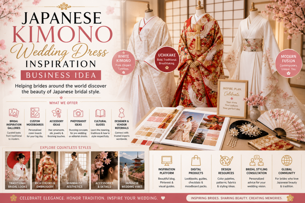 Japanese kimono wedding dress inspiration with white bridal kimono, red uchikake, modern fusion gown, sakura blossoms, bridal accessories, fans, and moodboard details.