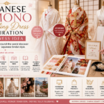 Japanese kimono wedding dress inspiration with white bridal kimono, red uchikake, modern fusion gown, sakura blossoms, bridal accessories, fans, and moodboard details.