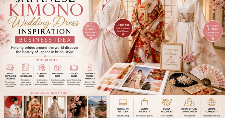 Japanese kimono wedding dress inspiration with white bridal kimono, red uchikake, modern fusion gown, sakura blossoms, bridal accessories, fans, and moodboard details.