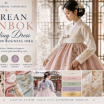 An elegant Korean hanbok bridal inspiration image showing a bride in a modern hanbok with cultural wedding details, soft colors, accessories and ceremony styling.