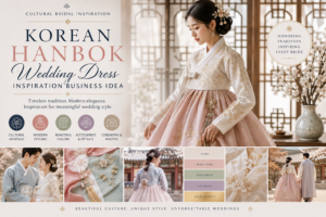 An elegant Korean hanbok bridal inspiration image showing a bride in a modern hanbok with cultural wedding details, soft colors, accessories and ceremony styling.