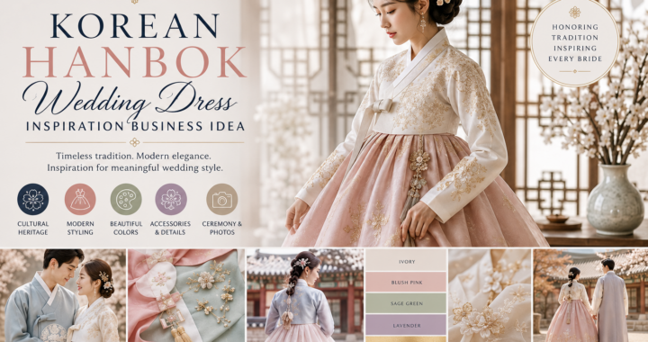 An elegant Korean hanbok bridal inspiration image showing a bride in a modern hanbok with cultural wedding details, soft colors, accessories and ceremony styling.