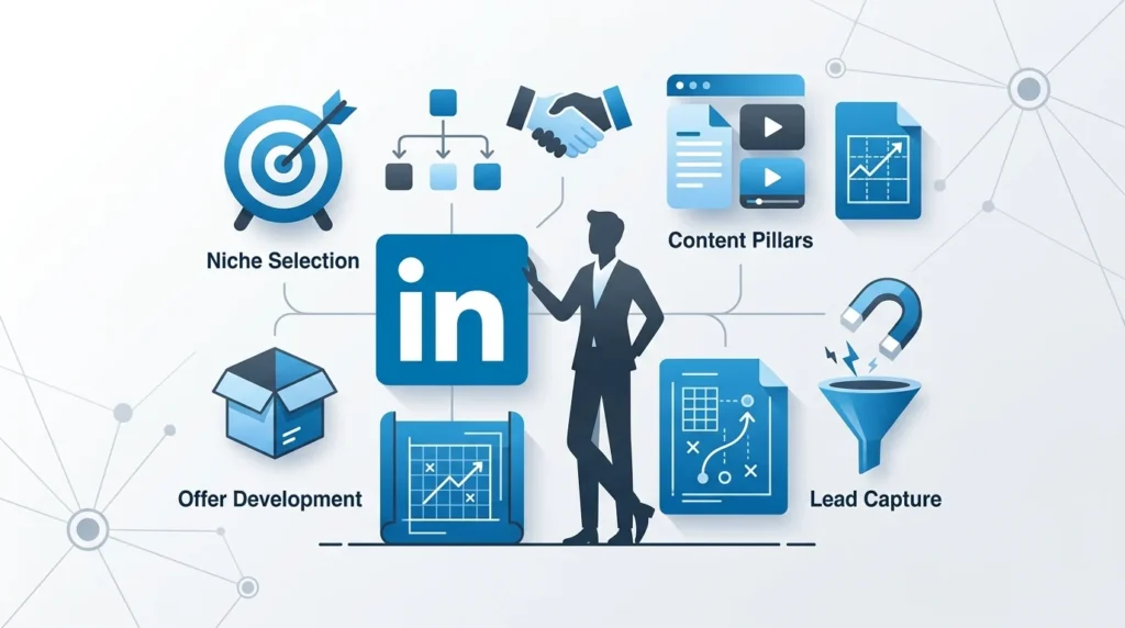 LinkedIn business strategy blueprint showing niche, offer, content pillars and lead capture elements for one-person companies.