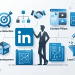 LinkedIn business strategy blueprint showing niche, offer, content pillars and lead capture elements for one-person companies.