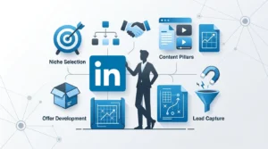 LinkedIn business strategy blueprint showing niche, offer, content pillars and lead capture elements for one-person companies.
