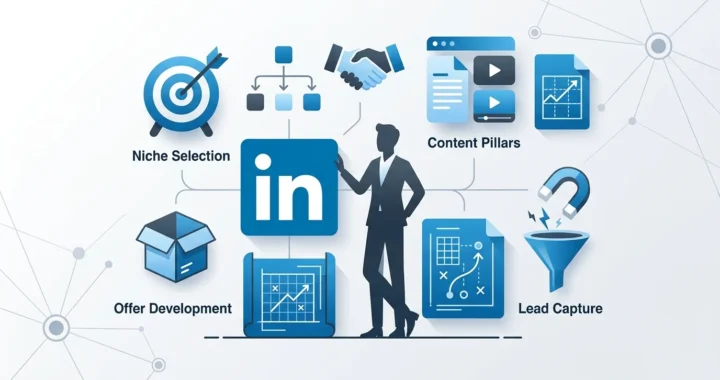 LinkedIn business strategy blueprint showing niche, offer, content pillars and lead capture elements for one-person companies.