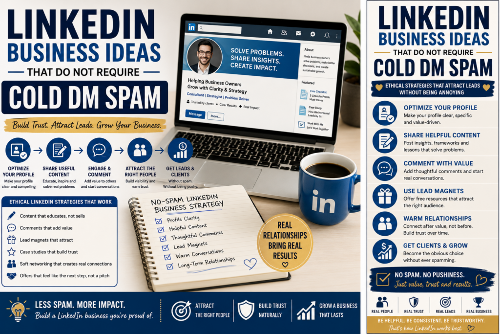 LinkedIn business strategy without cold DM spam showing profile optimization, helpful content, thoughtful comments, lead magnets, and trust-based networking.