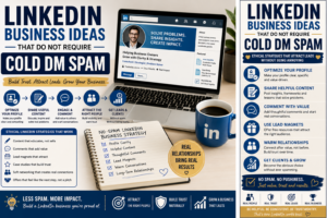 LinkedIn business strategy without cold DM spam showing profile optimization, helpful content, thoughtful comments, lead magnets, and trust-based networking.