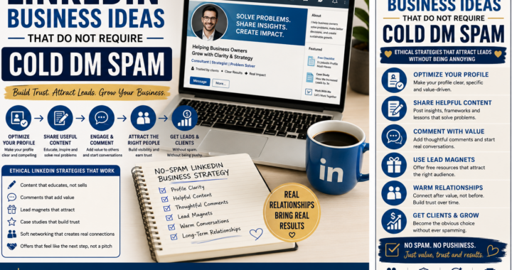 LinkedIn business strategy without cold DM spam showing profile optimization, helpful content, thoughtful comments, lead magnets, and trust-based networking.
