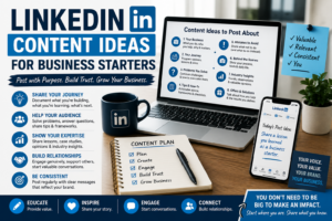 A LinkedIn content planning workspace with a laptop, smartphone, content ideas, post pillars and a checklist for business starters.
