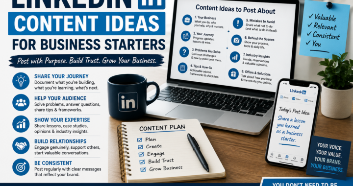 A LinkedIn content planning workspace with a laptop, smartphone, content ideas, post pillars and a checklist for business starters.