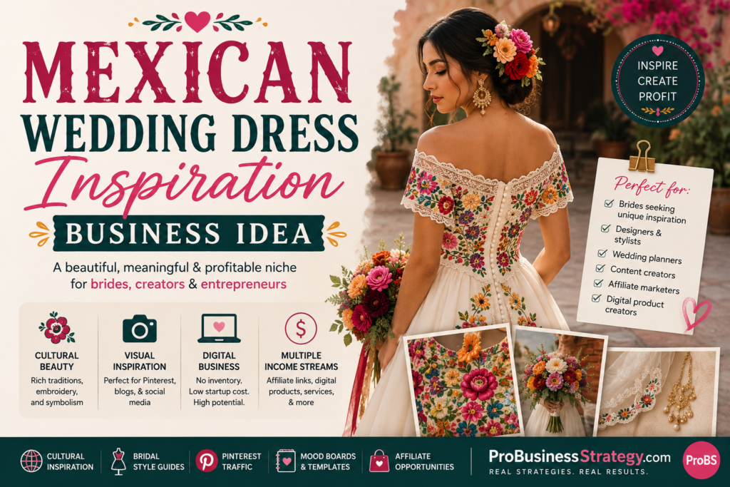 Een zakelijk idee geïnspireerd op Mexicaanse trouwjurken met geborduurde bruidsjurken, bloemdetails, een culturele bruidsstijl, moodboards, Pinterest-verkeer en digitale producten.
