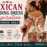 Een zakelijk idee geïnspireerd op Mexicaanse trouwjurken met geborduurde bruidsjurken, bloemdetails, een culturele bruidsstijl, moodboards, Pinterest-verkeer en digitale producten.
