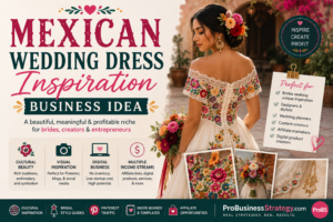 Een zakelijk idee geïnspireerd op Mexicaanse trouwjurken met geborduurde bruidsjurken, bloemdetails, een culturele bruidsstijl, moodboards, Pinterest-verkeer en digitale producten.