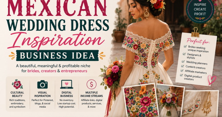 Een zakelijk idee geïnspireerd op Mexicaanse trouwjurken met geborduurde bruidsjurken, bloemdetails, een culturele bruidsstijl, moodboards, Pinterest-verkeer en digitale producten.