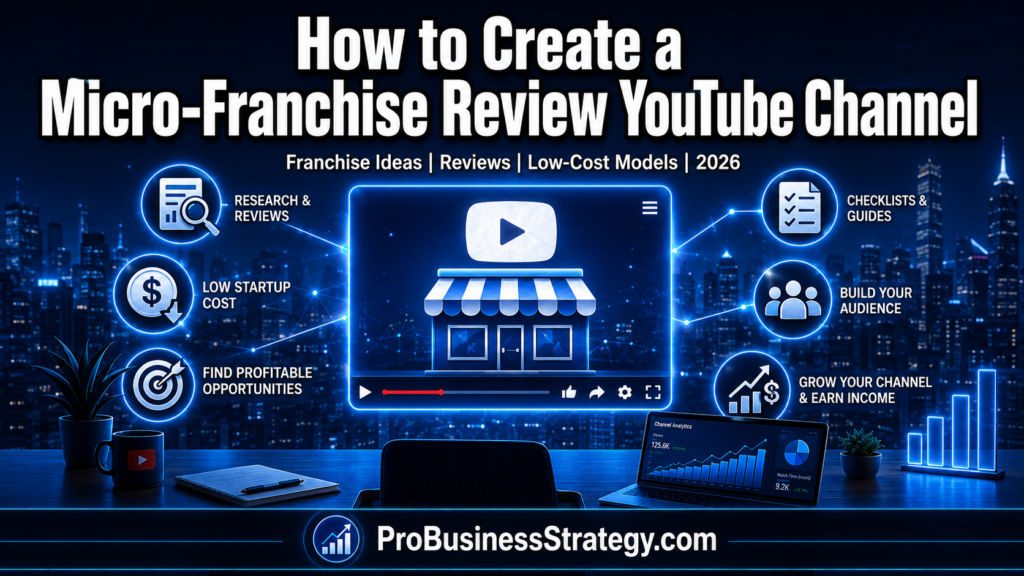 Micro-franchise review YouTube channel concept with business icons, storefront graphic, startup cost symbols, and ProBusinessStrategy branding.