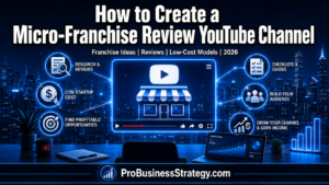 Micro-franchise review YouTube channel concept with business icons, storefront graphic, startup cost symbols, and ProBusinessStrategy branding.