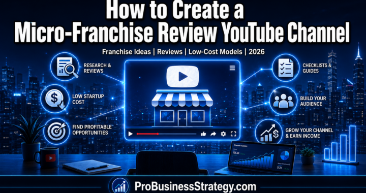 Micro-franchise review YouTube channel concept with business icons, storefront graphic, startup cost symbols, and ProBusinessStrategy branding.