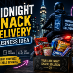 Night-time delivery rider with a snack box in a city, representing a midnight snack delivery business for students, gamers, night workers, and hotel guests.