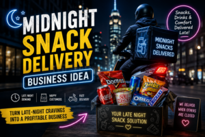 Night-time delivery rider with a snack box in a city, representing a midnight snack delivery business for students, gamers, night workers, and hotel guests.